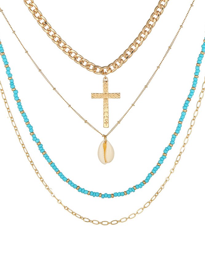 Boho Resort Beach Rice Beads Shell Cross Layered Necklace