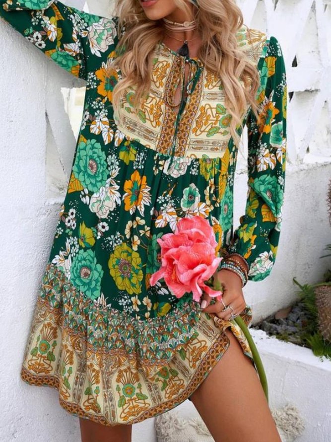 Vacation Floral Round Neck Dresses