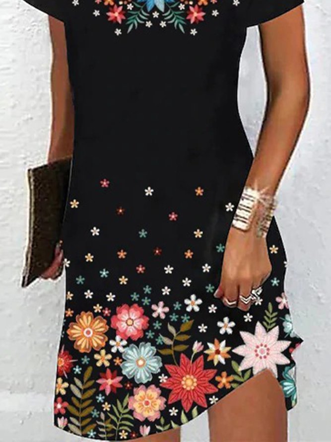Floral Round Neck Casual A-line Dresses