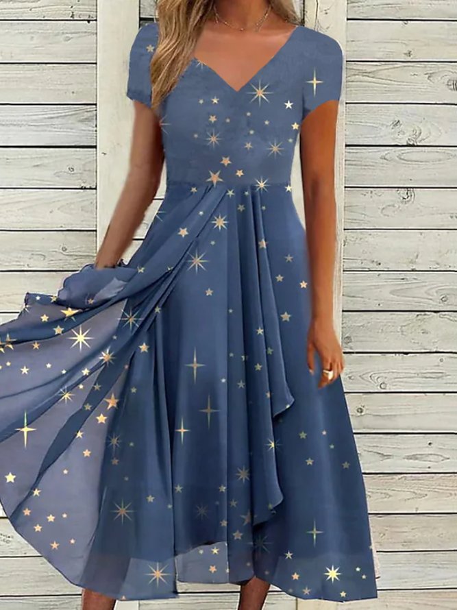 Casual Star Short Sleeve V Neck Plus Size Printed Dress