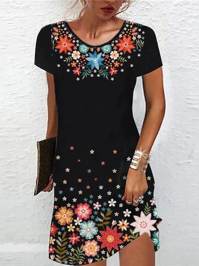 Floral Round Neck Casual A-line Dresses