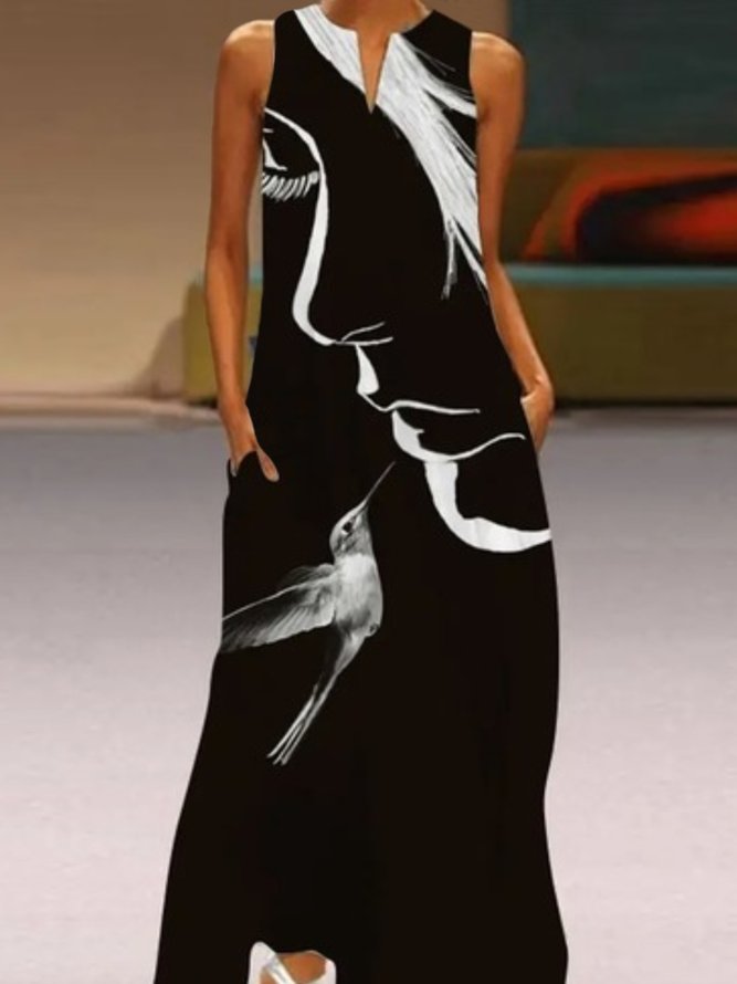 Casual Sleeveless V Neck Plus Size Printed Dress