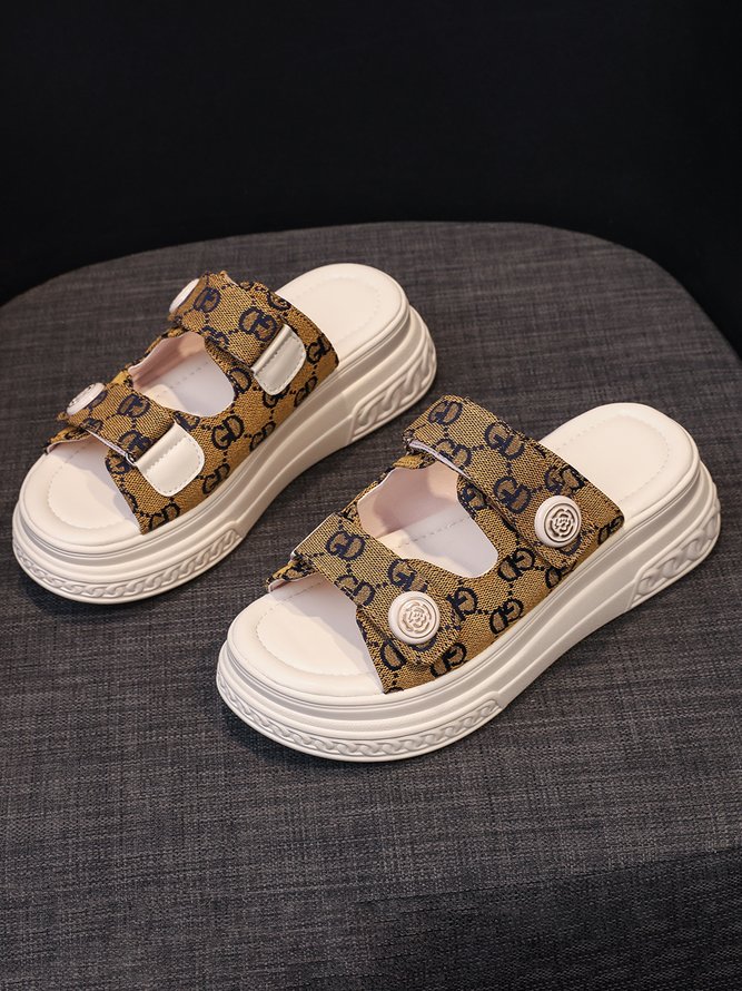 Luxurious Abstract Pattern Button Embellishment Platform Sandals