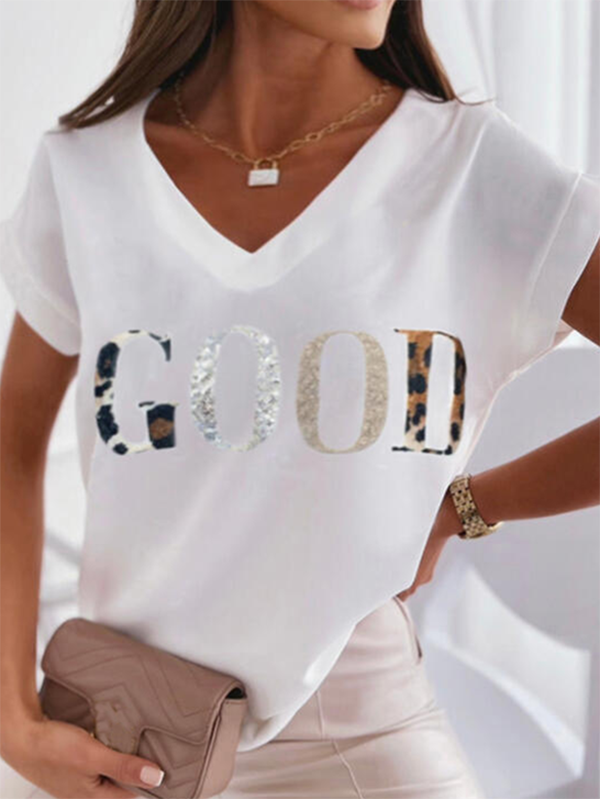 Text Letters V Neck Casual T-Shirt