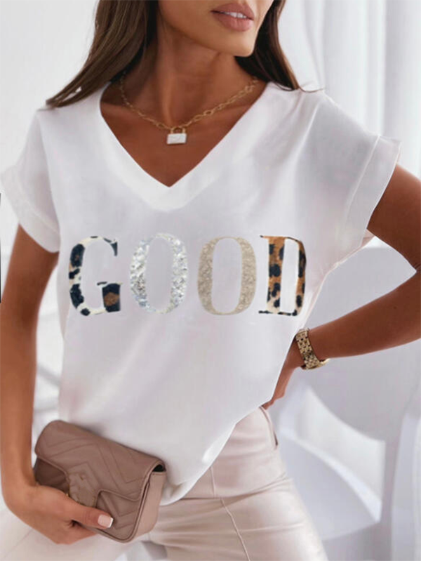 Text Letters V Neck Casual T-Shirt