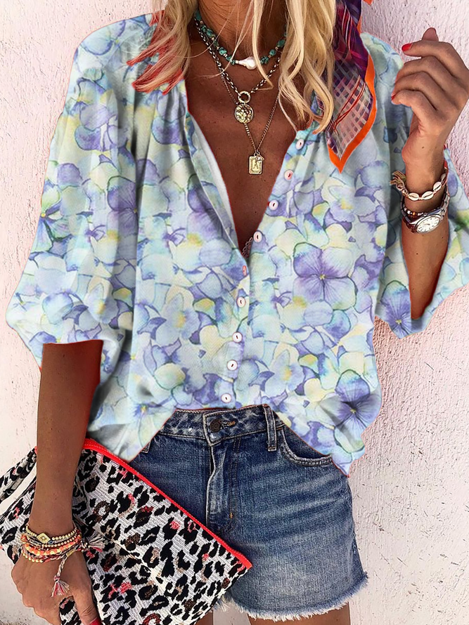 Floral Stand Collar Loose Blouse