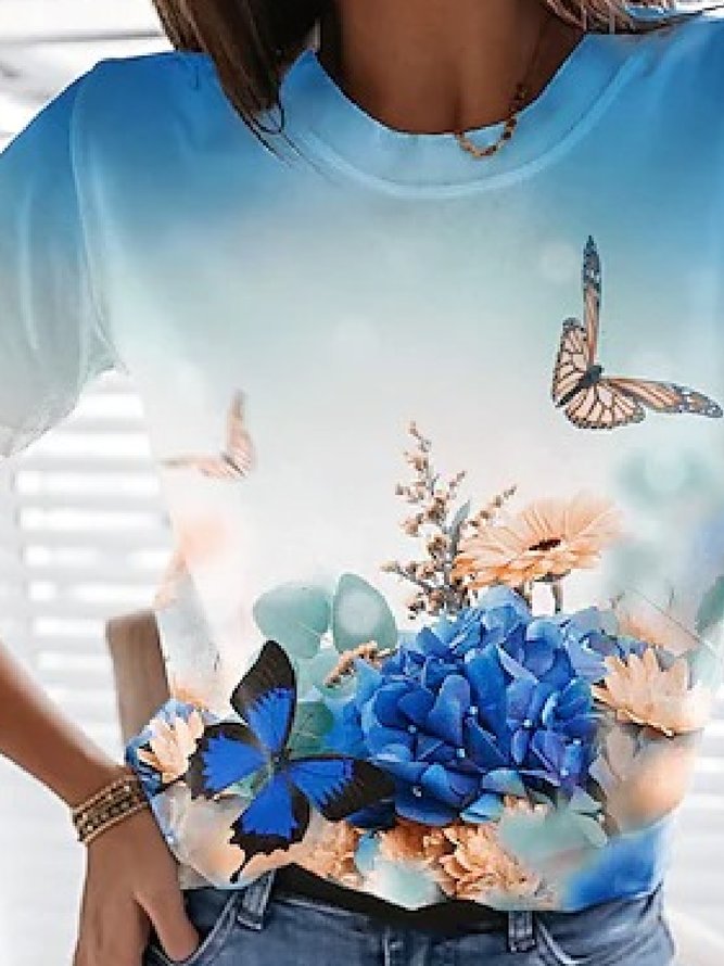 Casual Butterfly Short Sleeve Crew Neck Loose T-Shirt