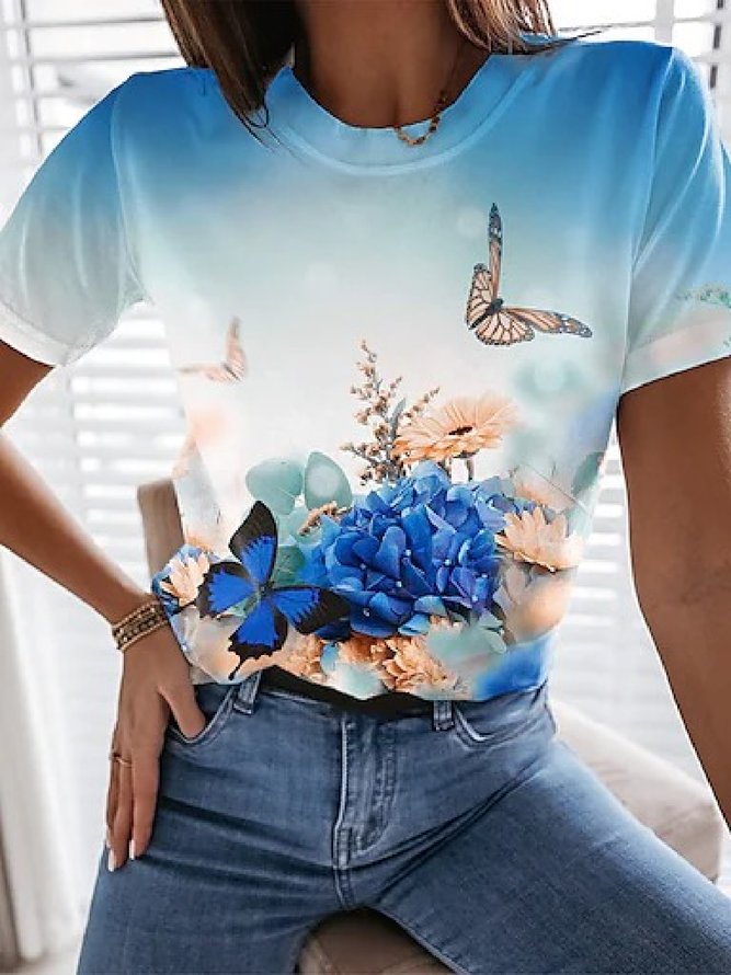 Casual Butterfly Short Sleeve Crew Neck Loose T-Shirt