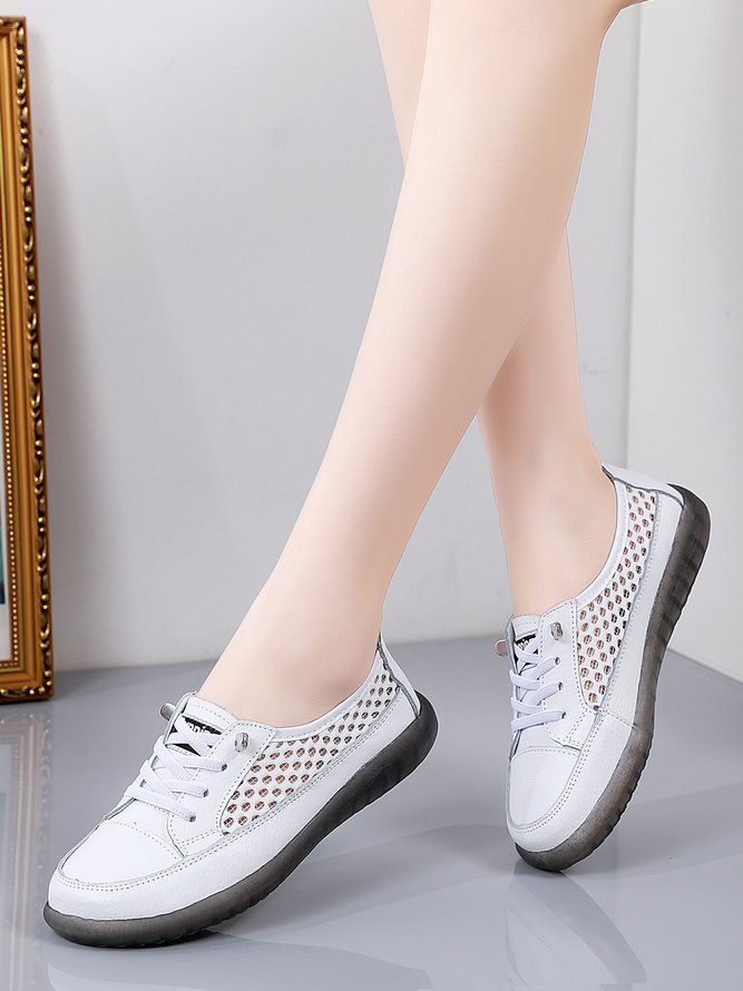 Leather Stitching Breathable Hollow Mesh Soft Lace Up Flat Shoes