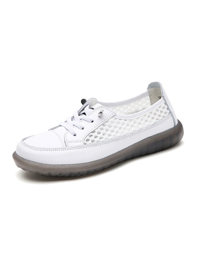Leather Stitching Breathable Hollow Mesh Soft Lace Up Flat Shoes