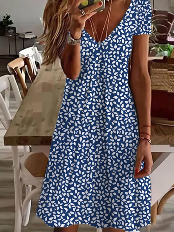 Women's Casual dress Floral Print short Sleeve V Neck Streetwear Daily Holiday Spandex Jersey Summer Fall Blue dress 2022