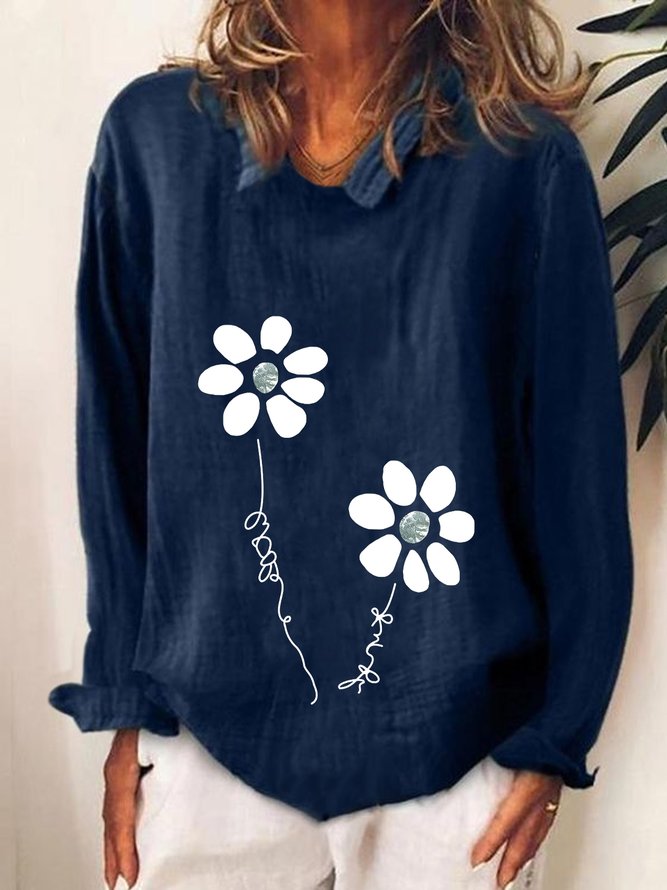 Casual Floral Long Sleeve Round Neck Plus Size Printed Tops