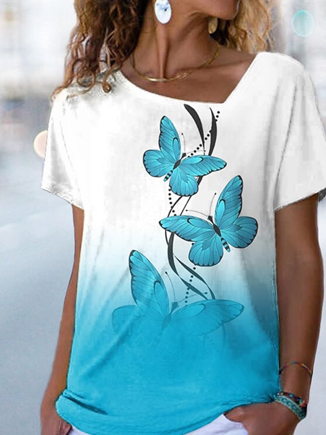 Casual Butterfly V Neck Short Sleeve Loose T-Shirt