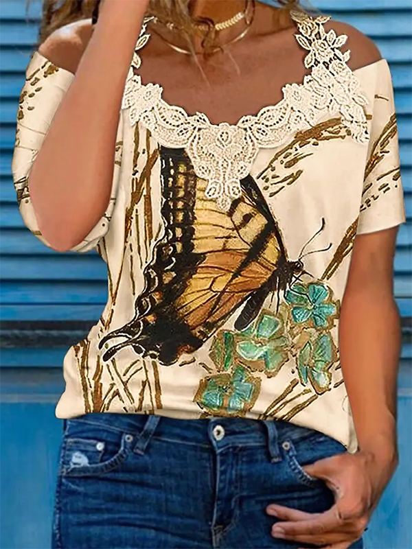 V Neck Butterfly Casual Jersey T-Shirts