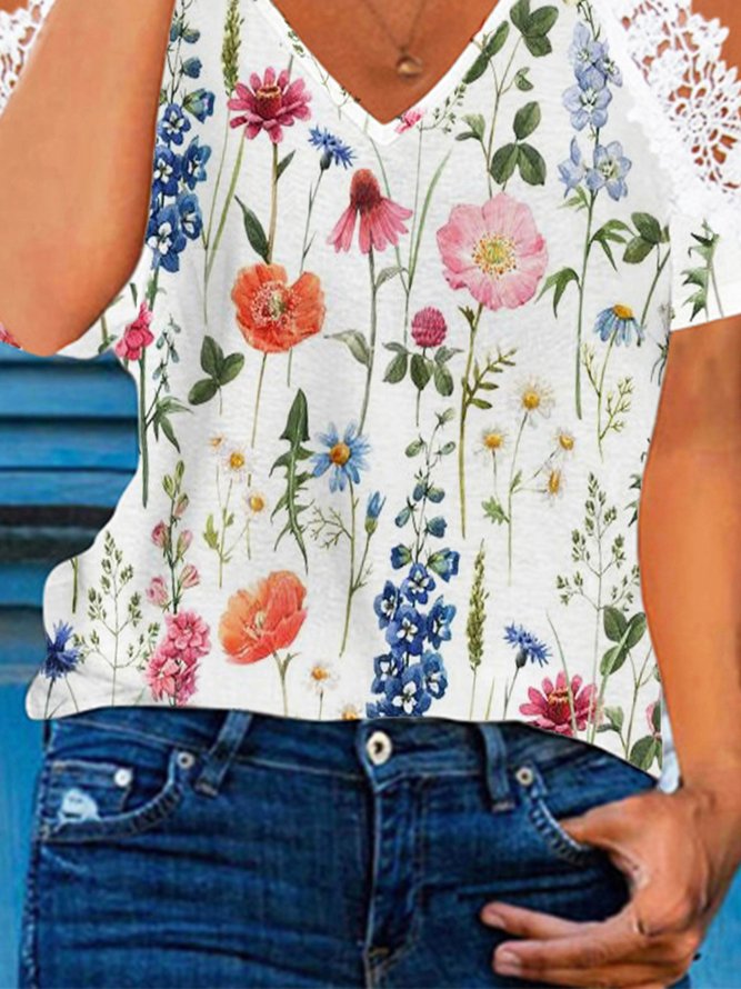 Floral Casual Lace V Neck Loose T-Shirt