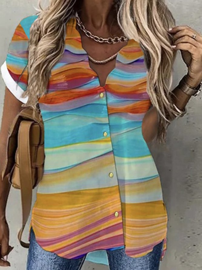 Striped Casual Loose V Neck Short Sleeve Blouse
