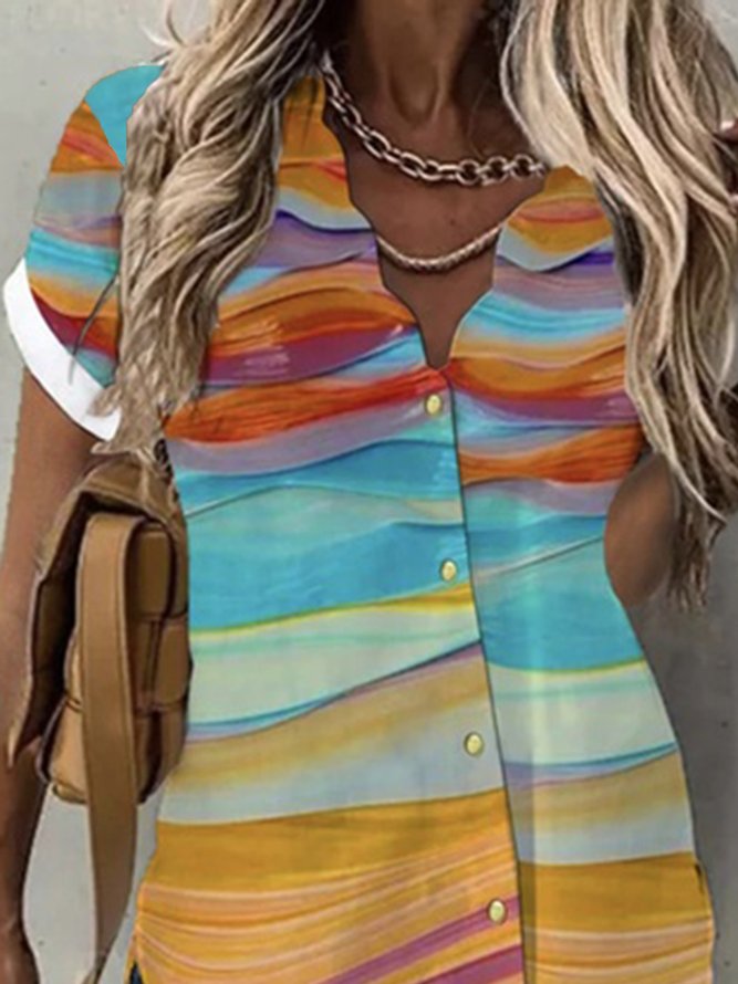 Striped Casual Loose V Neck Short Sleeve Blouse