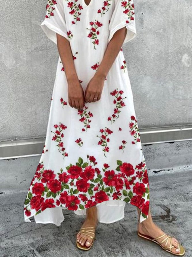 Casual Floral Half Sleeve V Neck Plus Size Printed Dress