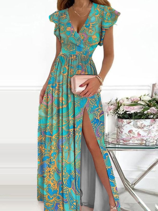 Casual Short Sleeve V Neck Plus Size Printed Dress
