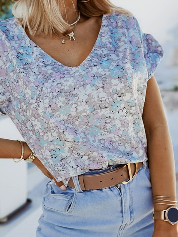 Casual V Neck Floral Printed Tops