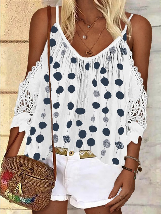 Polka Dots Lace Short Sleeve V Neck Size Casual Tops