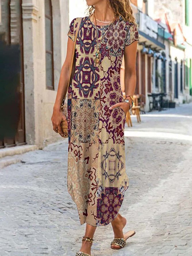 Women's Vacation Casual Ethnic Crew Neck Jersey Casual Boho Maxi Dresses 2022