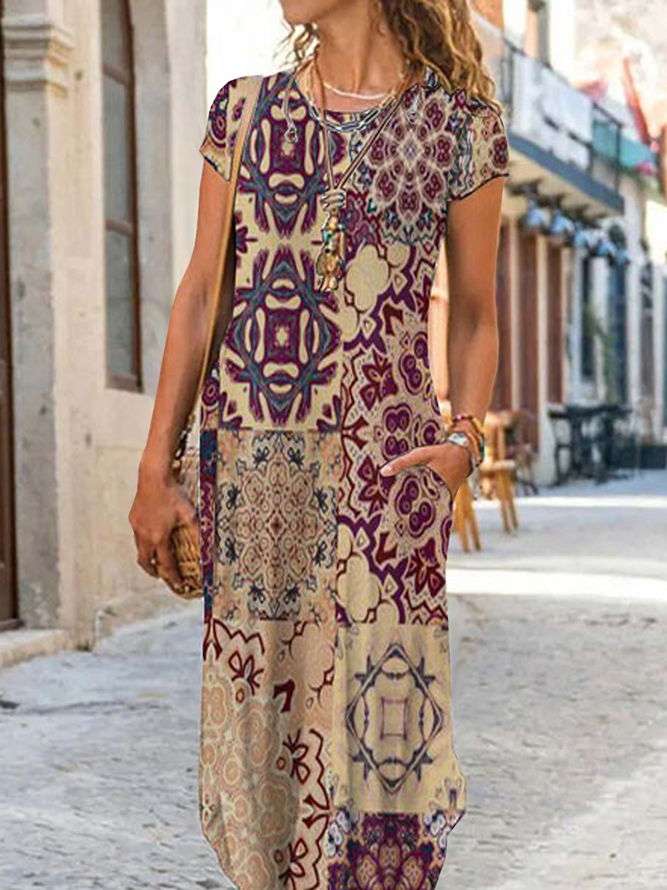 Women's Vacation Casual Ethnic Crew Neck Jersey Casual Boho Maxi Dresses 2022