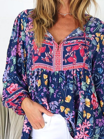 V Neck Casual Floral Printed Tops