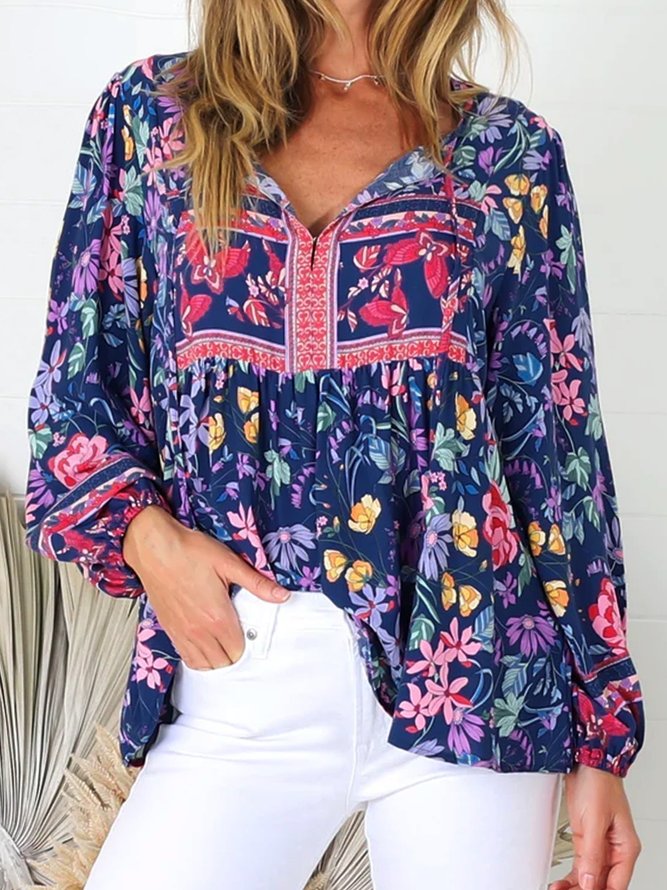V Neck Casual Floral Printed Tops