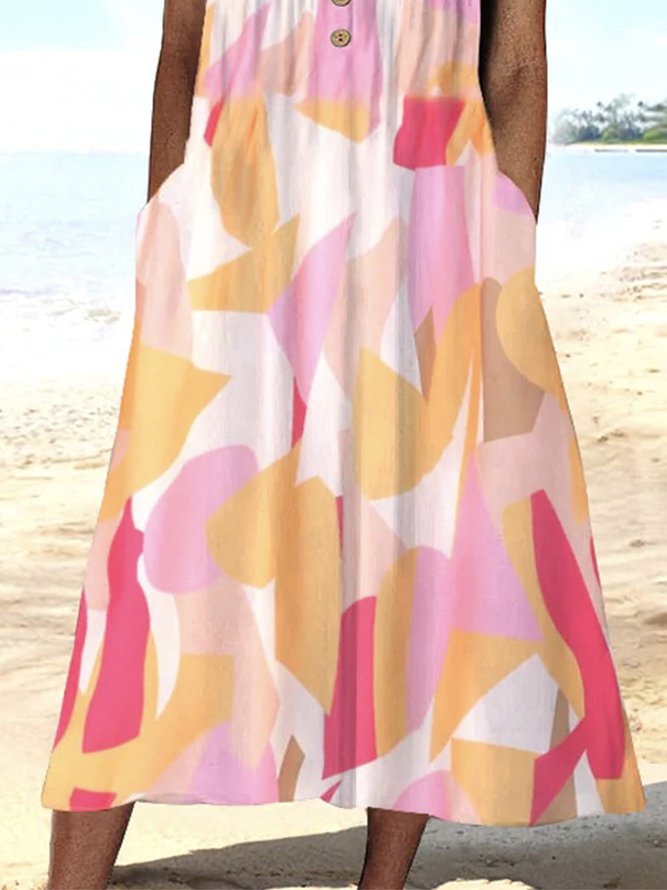 Color-block Geometric Short Sleeve Buttoned Plus Size Casual Dresses
