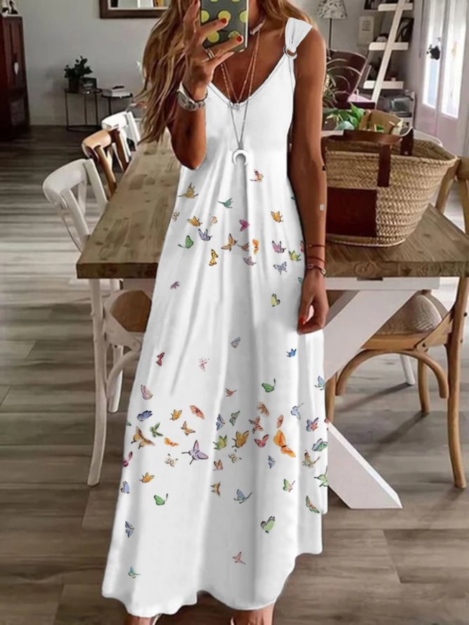 Casual Butterfly Sleeveless V Neck Printed Dress