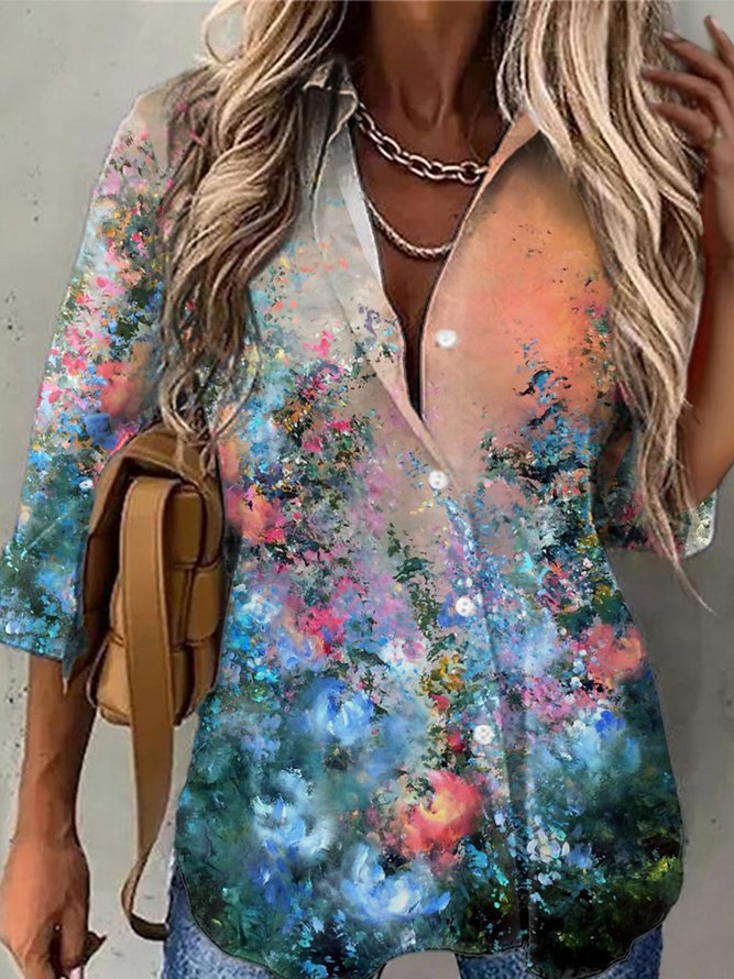 Women's Vacation Daily Casual Floral Long Sleeve Shirt Collar Printed Tunic Blouse 2022