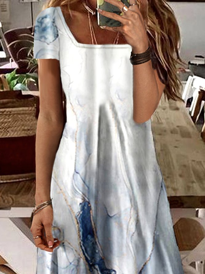 Abstract Short Sleeve Square Neck Casual Dress
