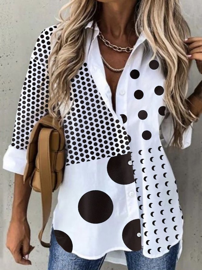 Women's Weekend Casual Polka Dots Color Block Long Sleeve Shirt Collar Plus Size Printed Blouses 2022