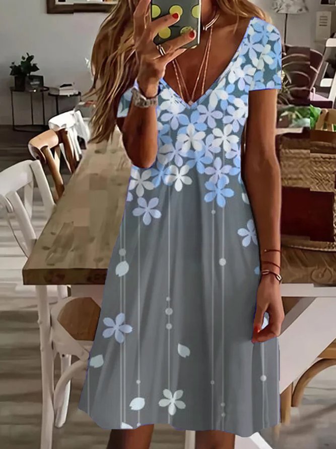 Casual Floral Short Sleeve V Neck Printed Dress