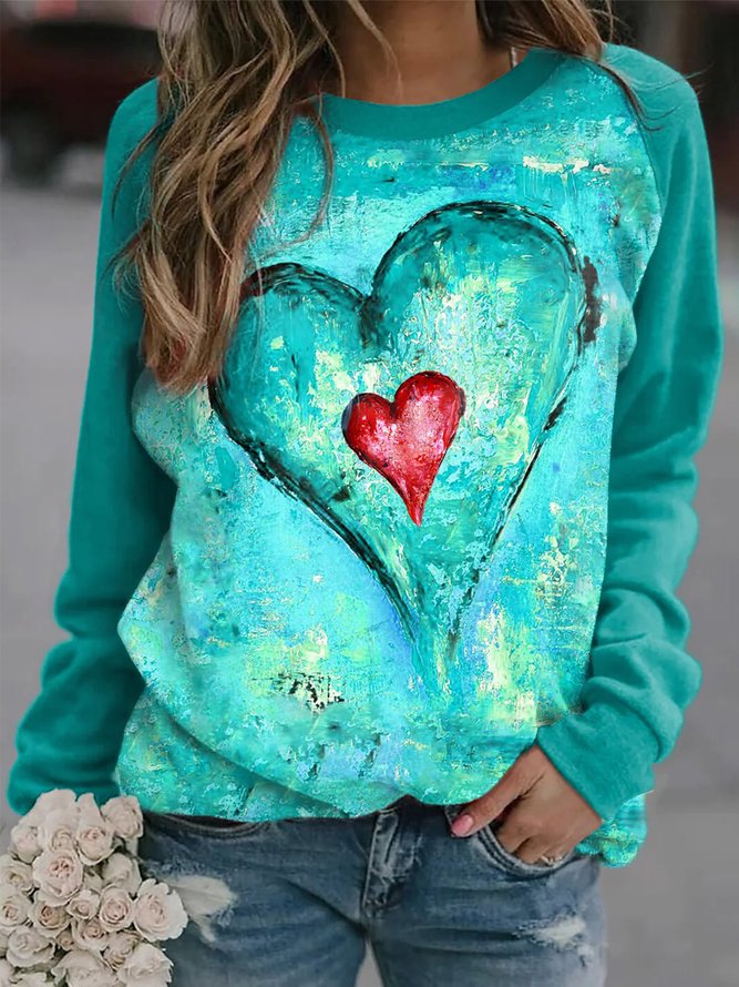 Casual Heart Long Sleeve Round Neck Printed Top Sweatshirt