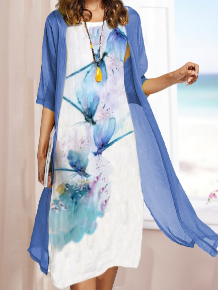 Women's Two Piece Dress Midi Dress Half Sleeve Dragonfly Print Fall Spring Round Neck Elegant Chinoiserie 2022