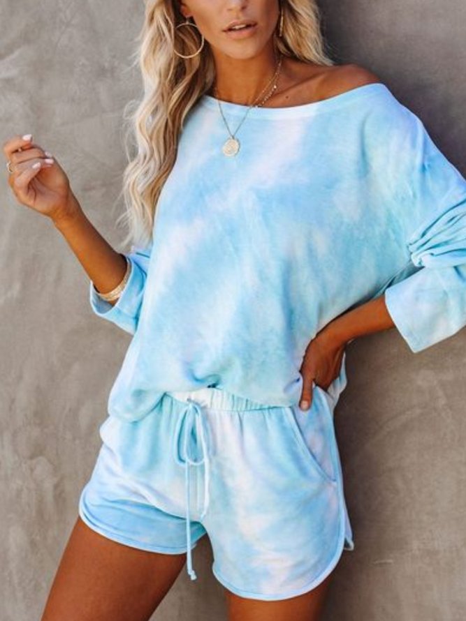 Women's Daily Weekend Casual Two Piece Long Sleeve Round Neck Tie-dye Printed Top Sweatshirt With Shorts 2022