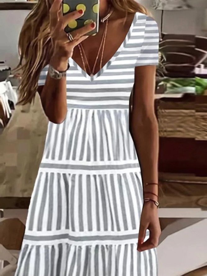 V Neck Striped Casual Short Sleeve A-Line Dress