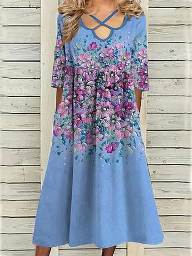 Women's A Line Dress Length Dress blue Three Quarter Loose Sleeve Floral Cut Out Pocket Print Autumn Summer V Cross Neck Casual 2022