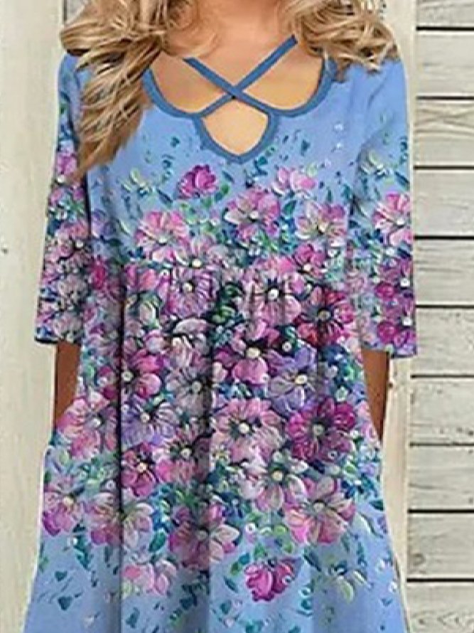 Women's A Line Dress Length Dress blue Three Quarter Loose Sleeve Floral Cut Out Pocket Print Autumn Summer V Cross Neck Casual 2022