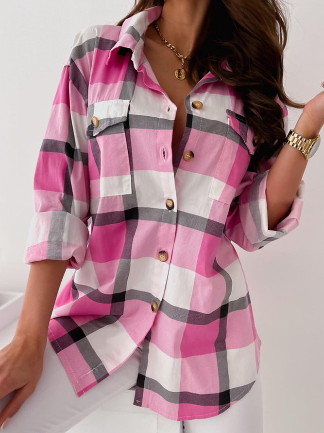 Women's Tunic Blouse Pattern Plaid Check Daily Tunic Blouse Shirt Long Sleeve Patchwork Print Shirt Collar Basic Essential Loose 2022