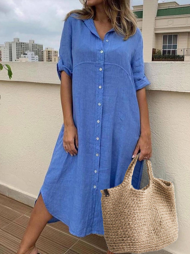 Women's Daily Weekend Plain Casual Short Sleeve Cotton Loose Blouse Dresses