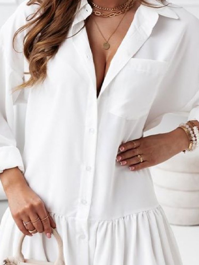 Women's A Line Dress White Long Sleeve Solid Color Weekend Casual Daily Plain Shawl Collar Loose Ruched Fall Summer Shirt Collar dresses 2022