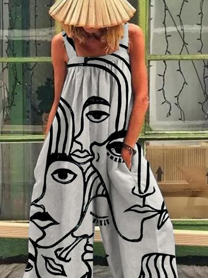Women's Fashion Spaghetti Tank Jumpsuit Rompers Wide Leg Abstract Face Print Ankle-Length Pants Holiday Weekend 2022