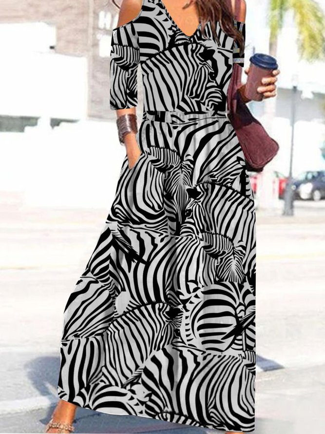Casual Zebra Three Quarter V Neck Plus Size Printed Dress