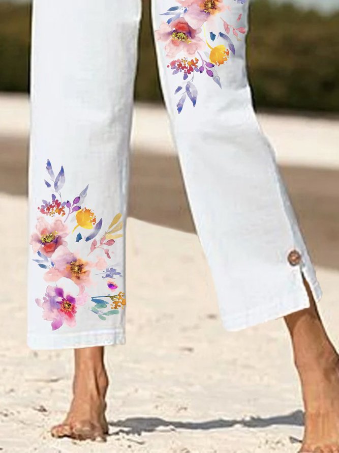 Floral Buttoned Plus Size Casual Pants