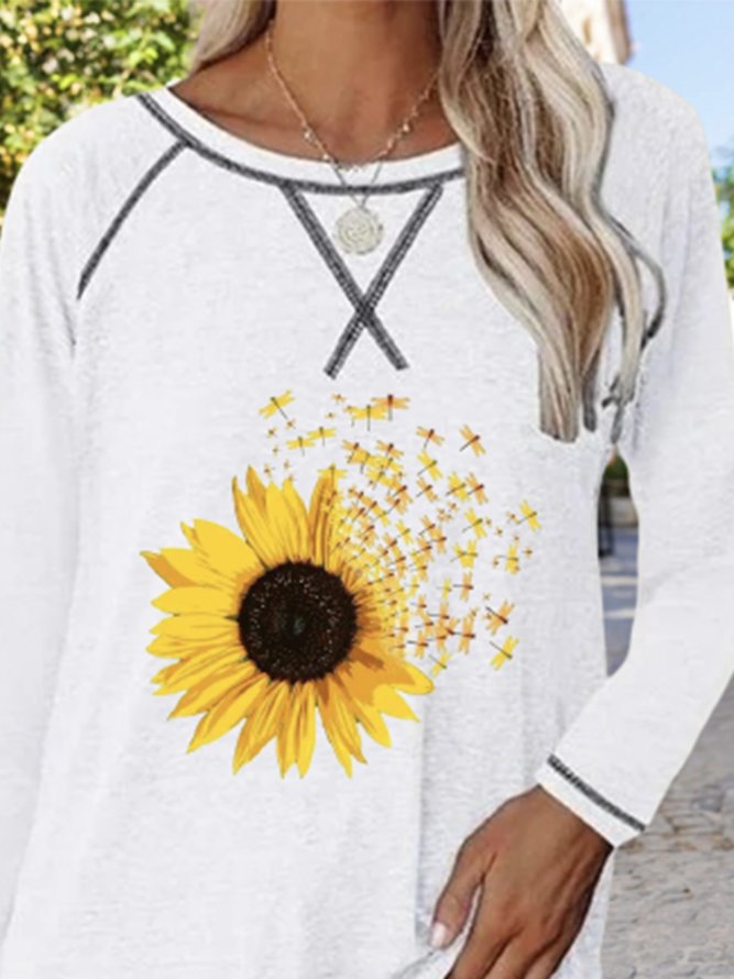 Sunflower Long Sleeve Crew Neck Plus Size Casual T-Shirt