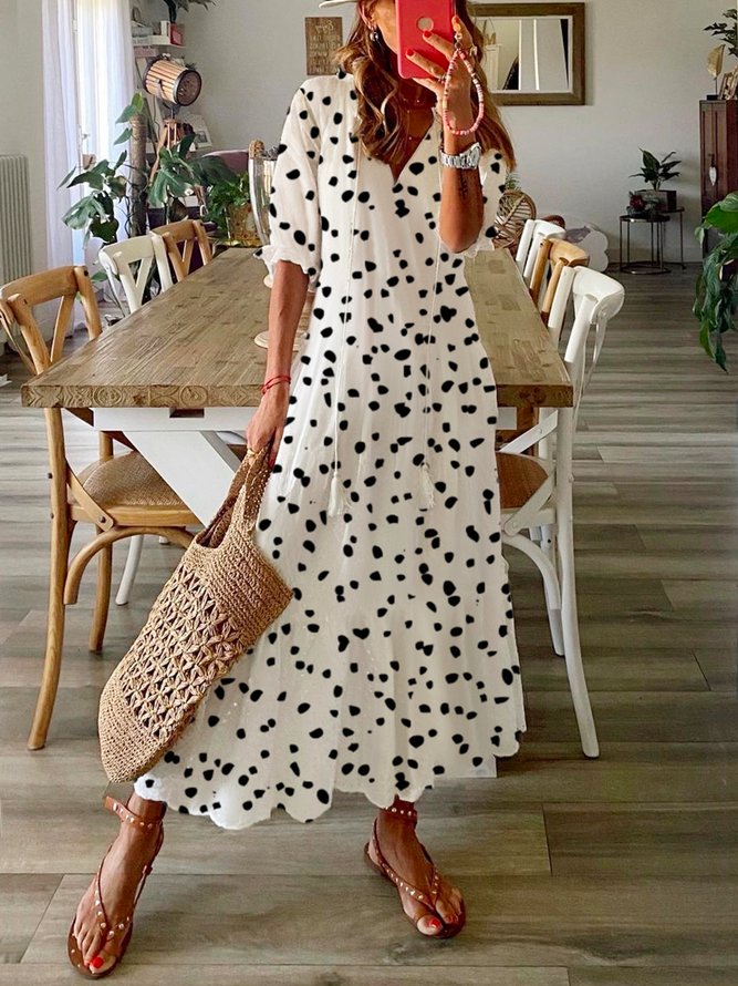 Casual Polka Dots Half Sleeve V Neck Printed Dress