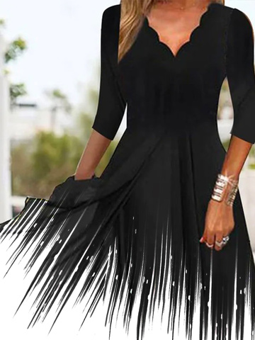 Women's A Line Dress Midi Dress Black Long Sleeve Striped Print Spring Fall V Neck Half Sleeve Casual Vintage 2022
